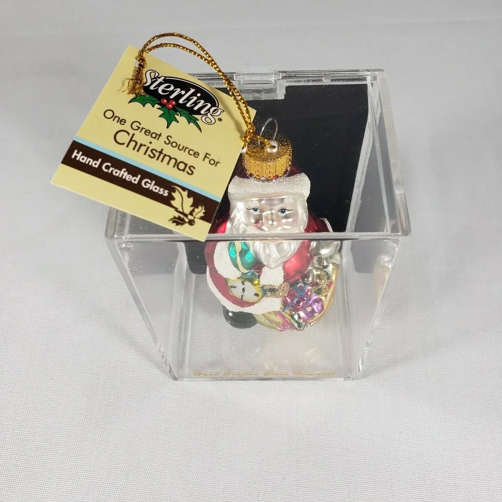 Sterling Designers Studio Hand Crafted Glass Christmas Ornament Santa w/ Toy Bag